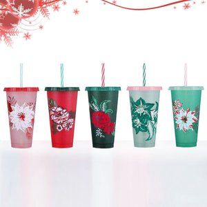 Starbucks Glitter Floral Cups with Straws Holiday 2022